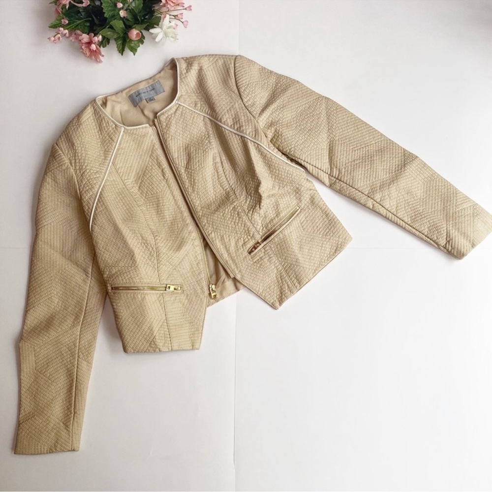 Marc NY by Andrew Marc Beige Vegan Leather Quilted Zip Moto Jacket